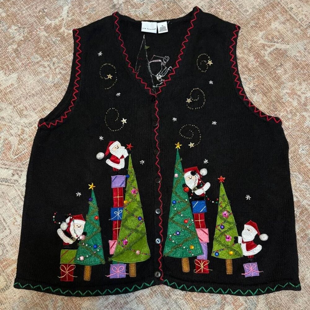 Vintage Christmas Holiday Party Sweater Vest with Santa Claus XL